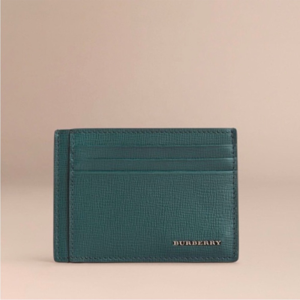 BURBERRY London Leather Card Case Wallet in Dark Teal, NEW